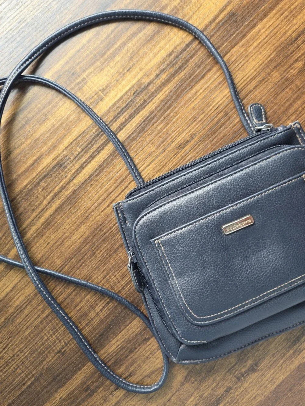 Compact Navy Crossbody with Front Pocket and Gold Accent